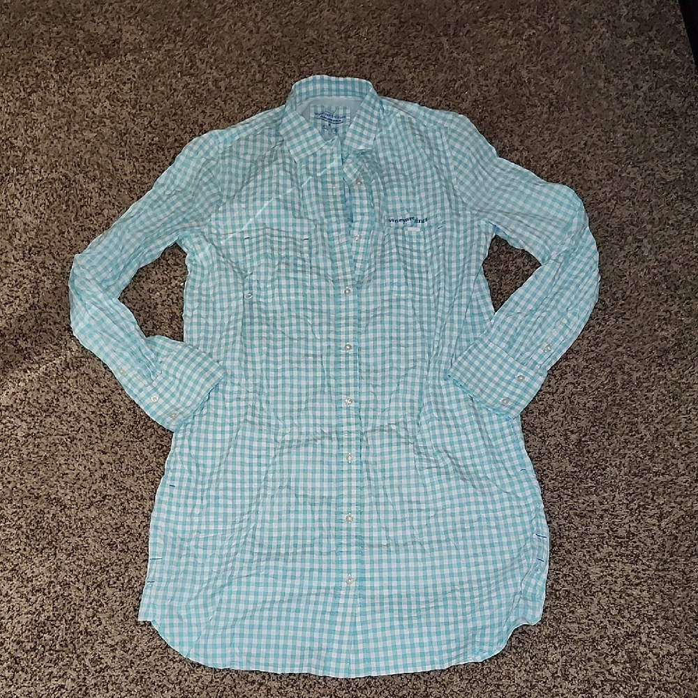 Vineyard Vines Aqua Checkered Performance Shirt/ Dress